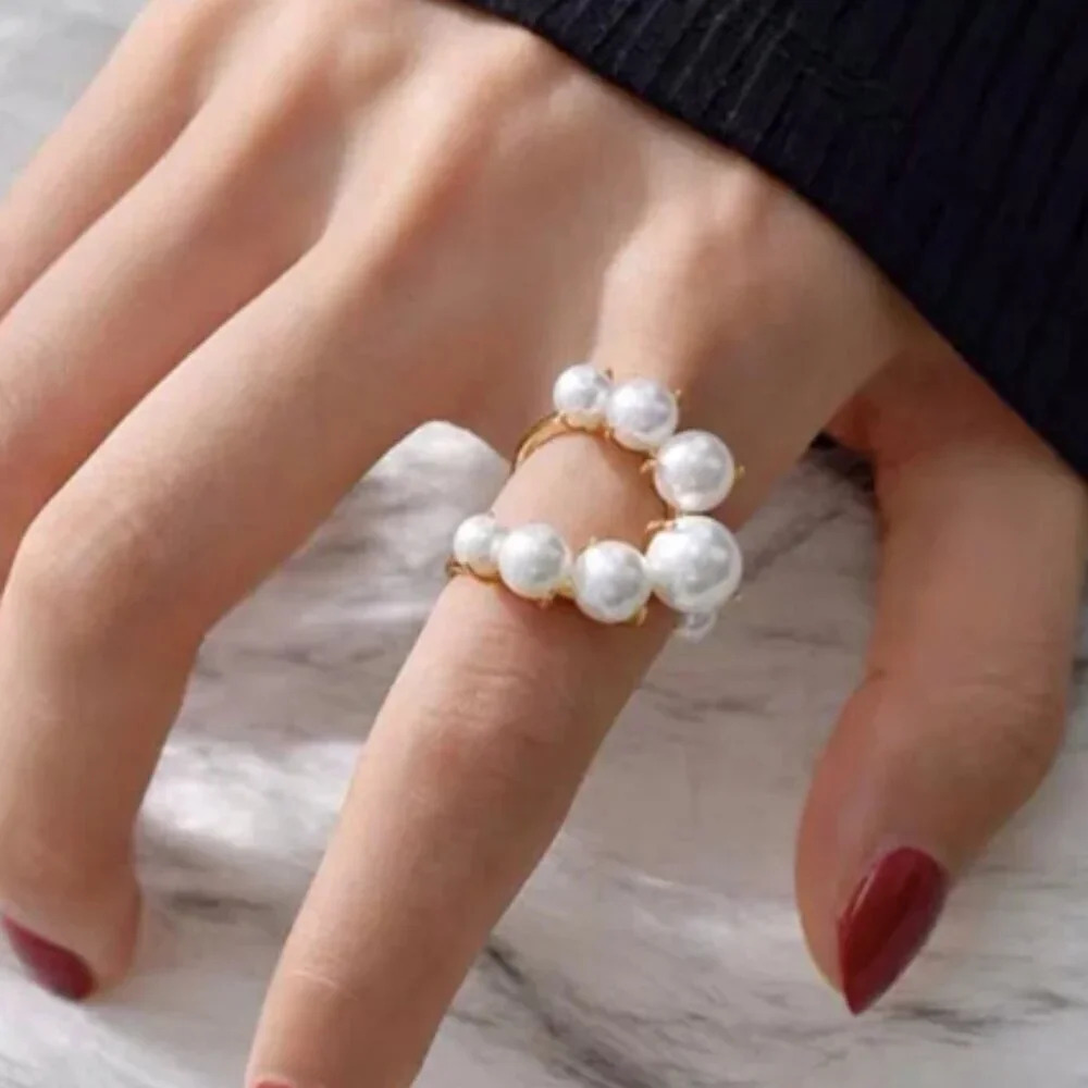 Big Geometric Pearl Paved Rings For Women New Jewelry Adjustable